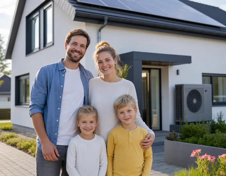 Massivhaus-Neubau: Familie vor ihrem Zuhause Junge Familie vor ihrem neuen Massivhaus mit verputzter Fassade – Stein auf Stein gebaut