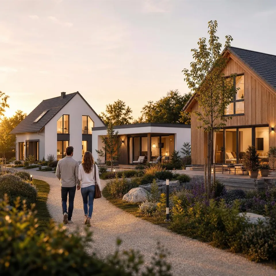 Massivhaus-Anbieter vergleichen: Häuser verschiedener Anbieter Massivhäuser verschiedener Anbieter im Vergleich – Einfamilienhaus, Bungalow und Stadtvilla im Abendlicht