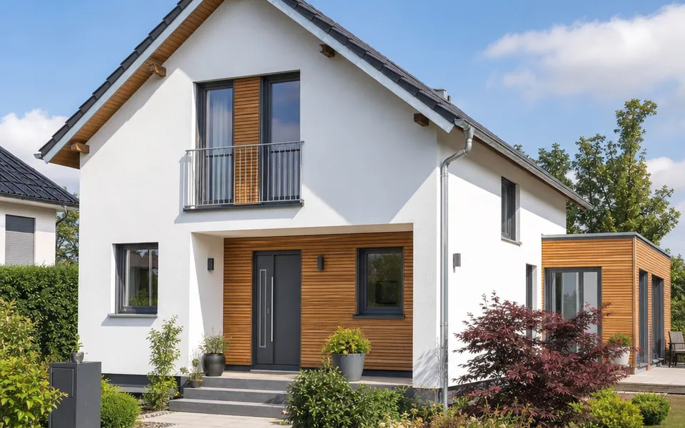 Frei stehendes Einfamilienhaus mit Satteldach, hellem Putz und Holzakzenten in einem gepflegten Garten – Neubaupreise 2026 Frei stehendes Einfamilienhaus mit Satteldach, hellem Putz und Holzakzenten in einem gepflegten Garten – Neubaupreise 2026