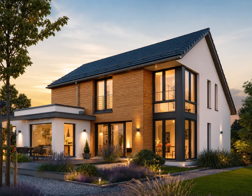 Massivhaus am Abend: verputzte Fassade mit großen Glasflächen Modernes Massivhaus mit verputzter Fassade und beleuchteten bodentiefen Fenstern zur goldenen Stunde – Neubau-Inspiration auf 1Massivhaus
